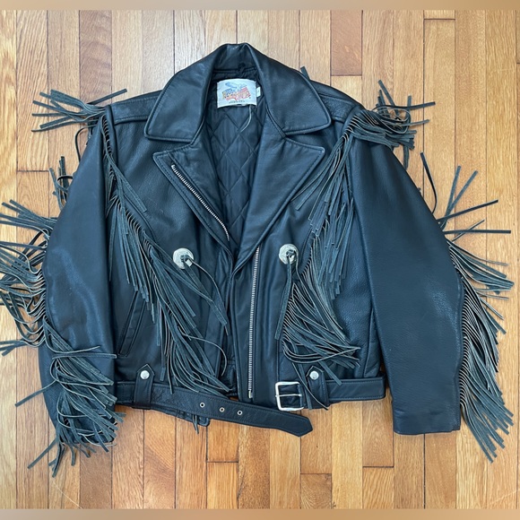 Vintage biker fringe black leather moto jacket - Picture 2 of 16